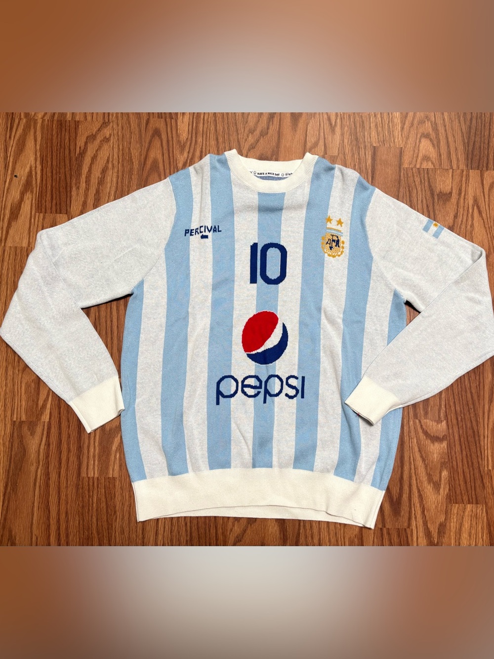 Percipal x Pepsi Argentina Light Blue & White Striped Soccer Sweater